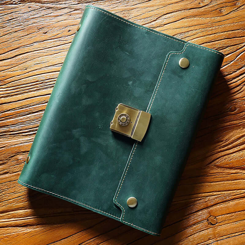 Refillable Leather Planner A5 With Lock Business Organizer 9in in green leather with a combination lock.