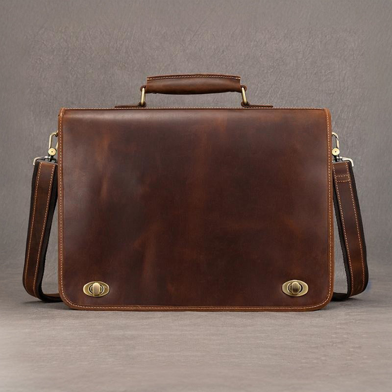 Vintage Leather Briefcase 15.4in Dual Compartment Bag For Men in dark brown leather.