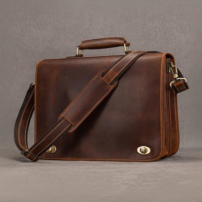Vintage Leather Briefcase 15.4in Dual Compartment Bag For Men
