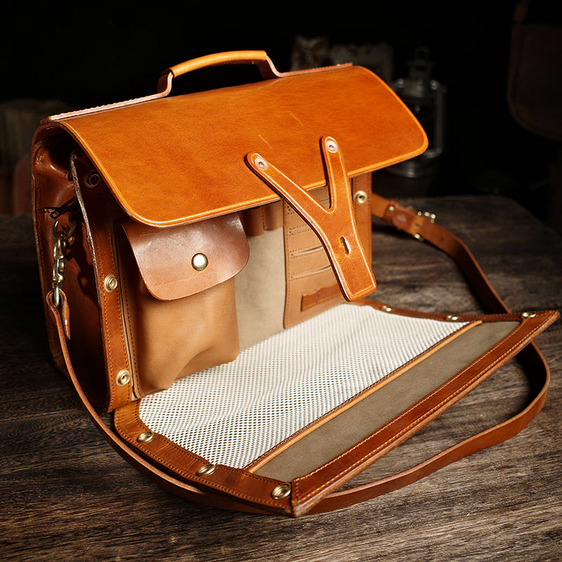 Handmade Italian Leather Laptop Bag Men 15in Convertible Briefcase interior with pockets and compartments