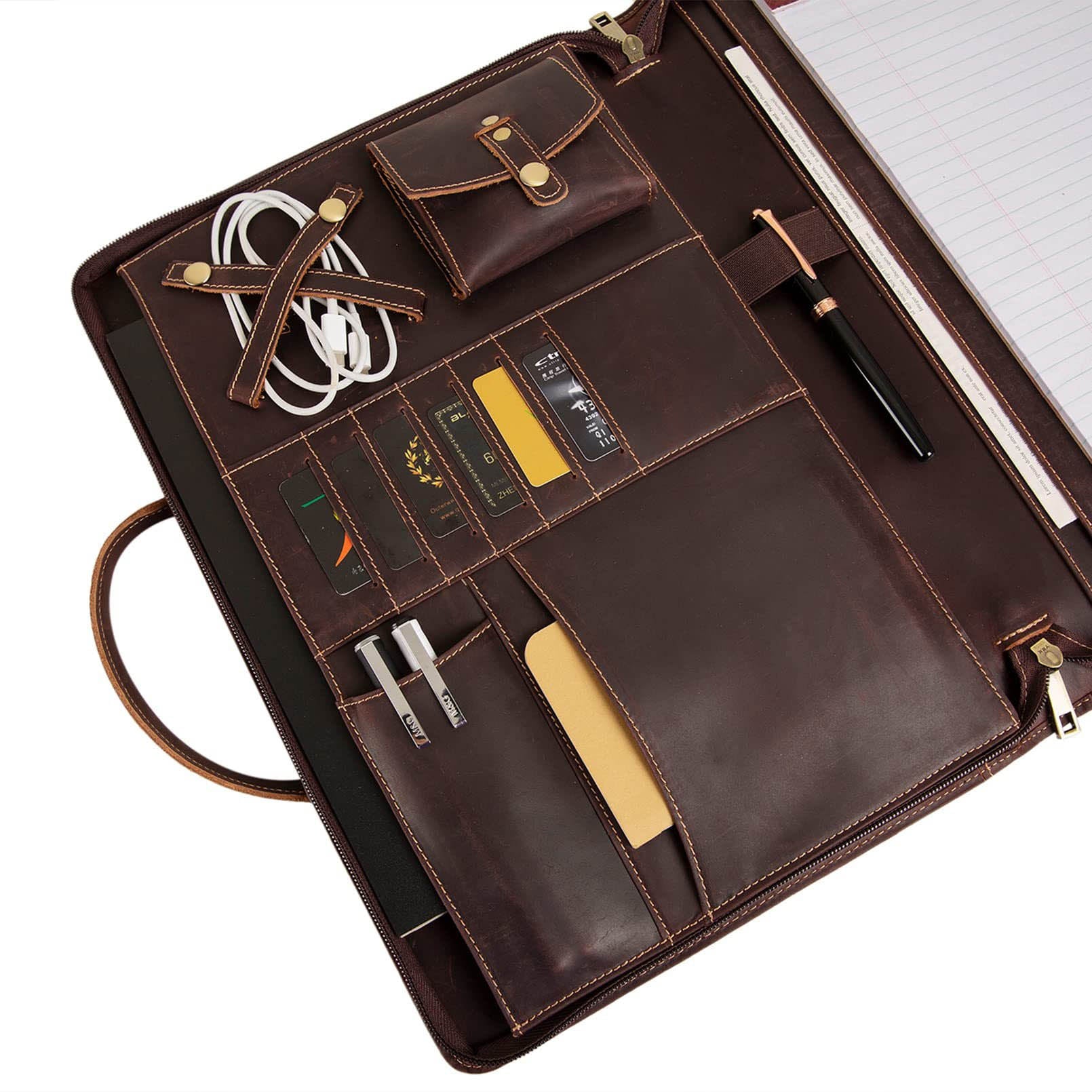 Leather Portfolio Bag 15.7in Laptop Organizer Briefcase Men open showing interior compartments and accessories.