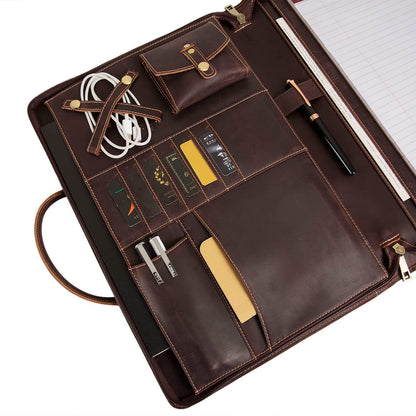 Leather Portfolio Bag 15.7in Laptop Organizer Briefcase Men open showing interior compartments and accessories.