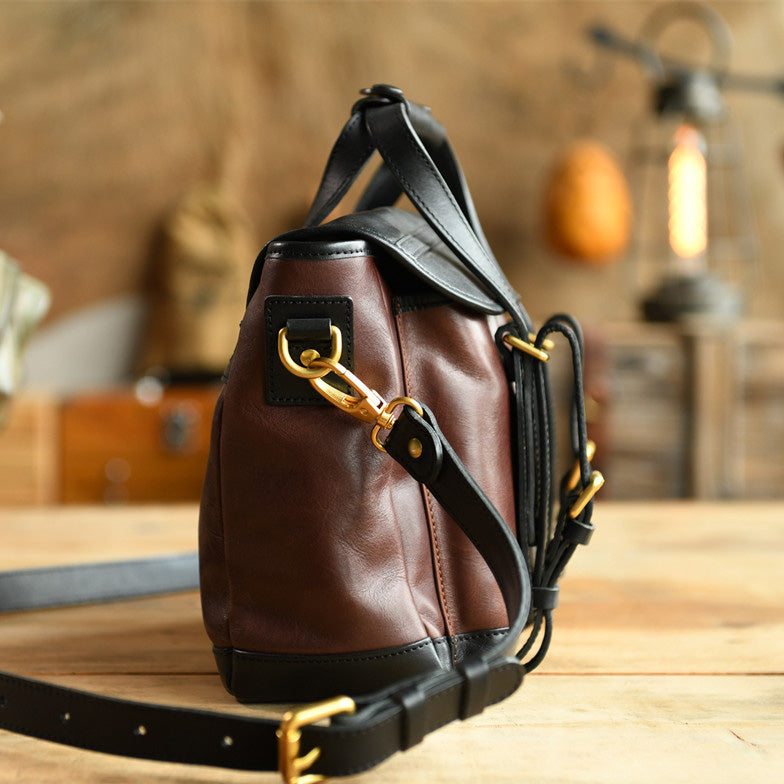 Italian Leather Messenger Bag 15.4in Cambridge Style Work Bag side view showcasing dark brown leather and strap details.