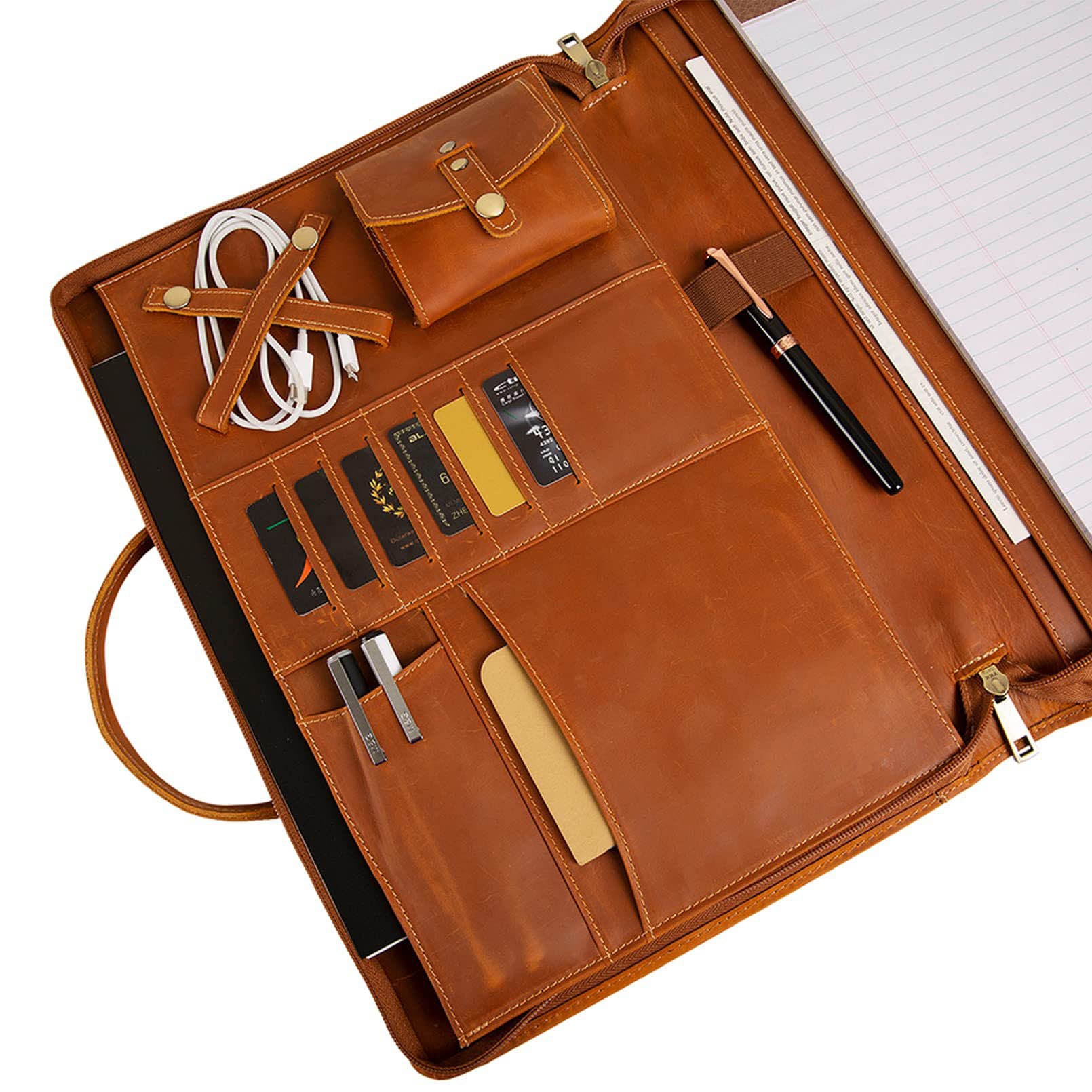 Leather Portfolio Bag 15.7in Laptop Organizer Briefcase Men interior with pockets, notepad, and accessories.