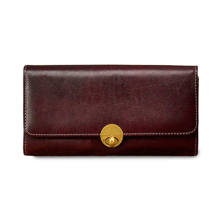 Leather Long Wallet Women Turn Lock Card Slots Phone Slot Purse in dark brown with gold turn lock closure.