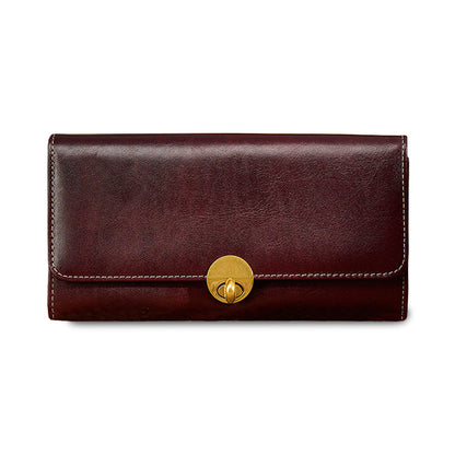 Leather Long Wallet Women Turn Lock Card Slots Phone Slot Purse in dark brown with gold turn lock closure.