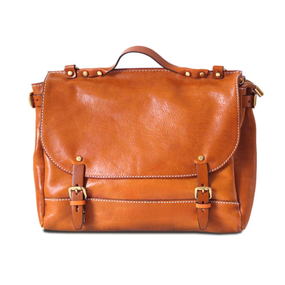 Leather Messenger Bag 13.8in Laptop Briefcase Crossbody Unisex in yellow brown leather, featuring metal clasps and adjustable straps.