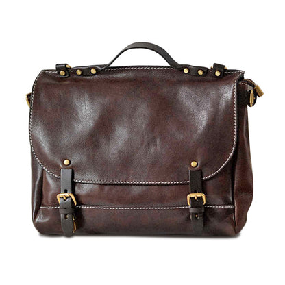 Leather Messenger Bag 13.8in Laptop Briefcase Crossbody Unisex in dark brown leather with gold hardware.