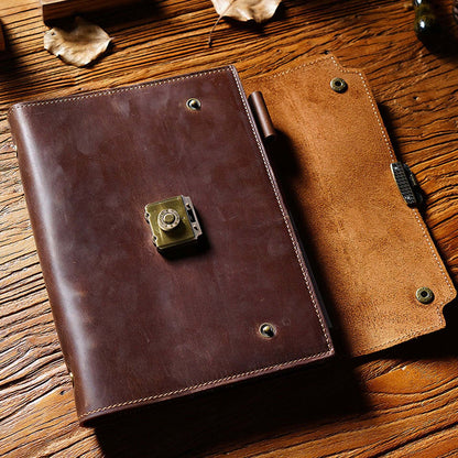 Refillable Leather Planner A5 With Lock Business Organizer 9in, handcrafted brown leather binder with secure lock.