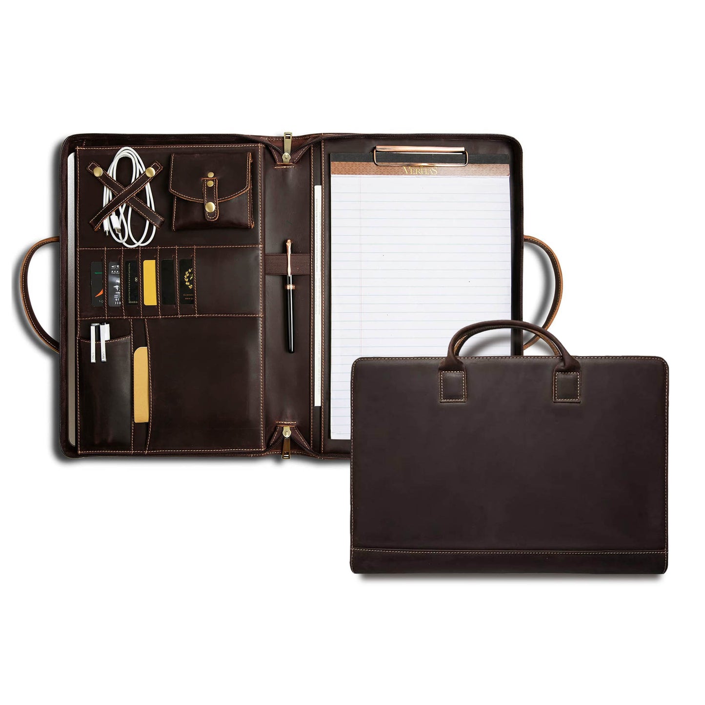 Leather Portfolio Bag 15.7in Laptop Organizer Briefcase Men open view showing compartments and notepad inside.