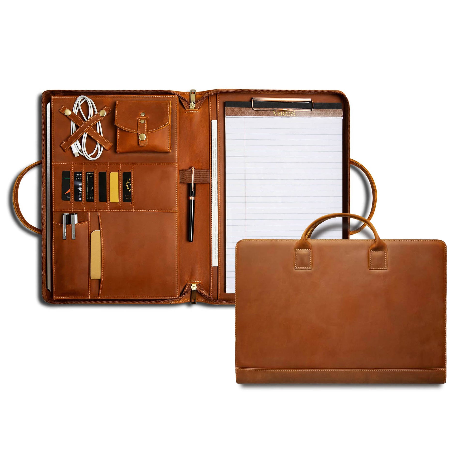 Leather Portfolio Bag 15.7in Laptop Organizer Briefcase Men with interior compartments and exterior view.