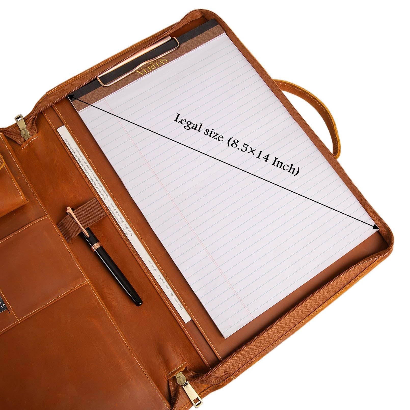 Interior view of Leather Portfolio Bag 15.7in Laptop Organizer Briefcase Men showing legal size paper placement.
