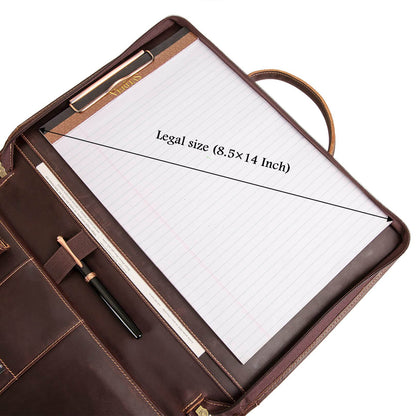 Leather Portfolio Bag 15.7in Laptop Organizer Briefcase Men showing legal size pad inside.