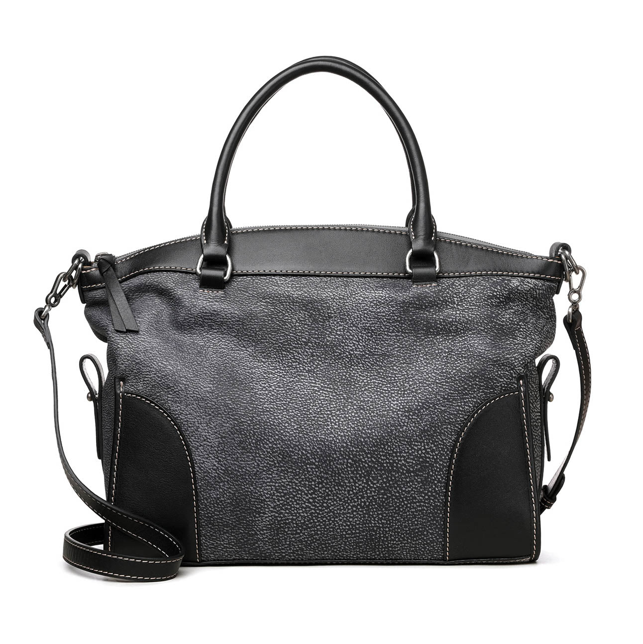 Dual Texture Leather Handbag Women 13.6in Shoulder Tote in black with dual textures and adjustable strap.