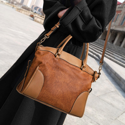 Dual Texture Leather Handbag Women 13.6in Shoulder Tote