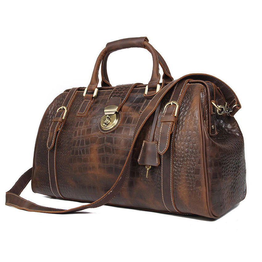 Lockable Leather Travel Duffel Bag Croc Embossed Weekender 20.5in