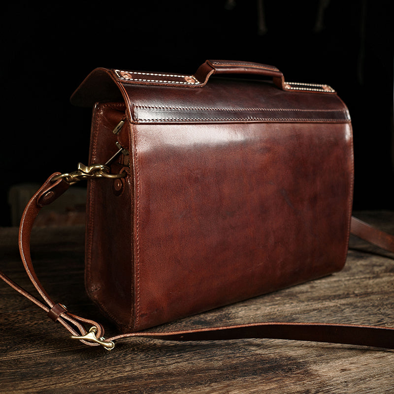 Handmade Italian Leather Laptop Bag Men in brown, showing side view and convertible strap.