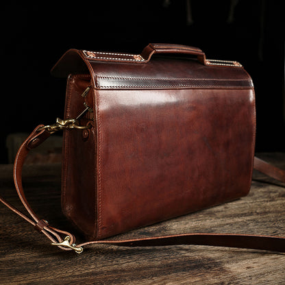Handmade Italian Leather Laptop Bag Men in brown, showing side view and convertible strap.
