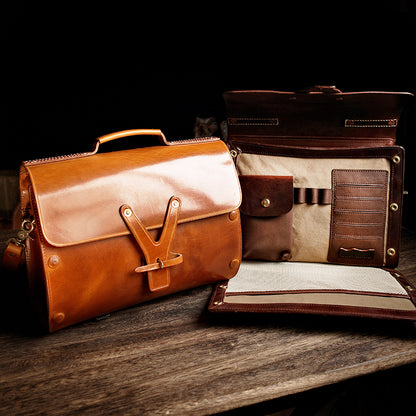 Handmade Italian Leather Laptop Bag Men 15in Convertible Briefcase, featuring polished finish and multiple compartments.