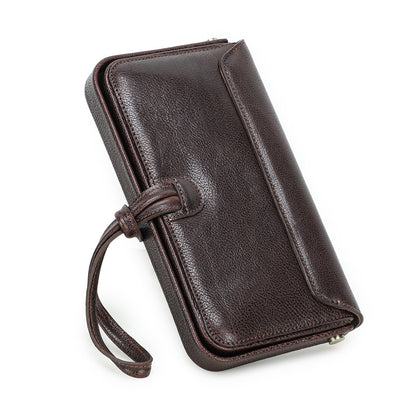 Leather Wristlet Wallet Women Clutch Metal Frame Phone Holder Purse in brown with wrist strap and textured finish.