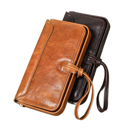 Leather Wristlet Wallet Women Clutch Metal Frame Phone Holder Purse in brown and dark brown leather with wrist straps.