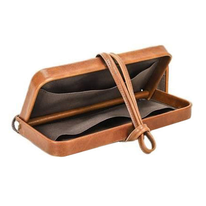 Leather Wristlet Wallet Women Clutch Metal Frame Phone Holder Purse open with wrist strap and interior pockets.