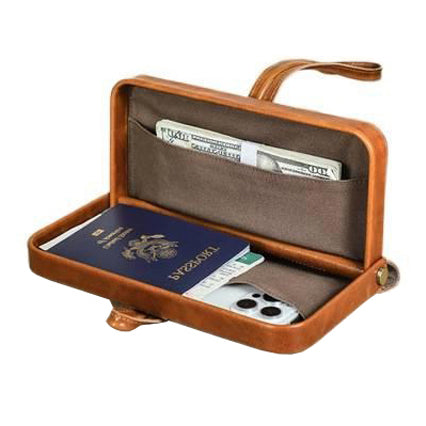 Leather Wristlet Wallet Women Clutch Metal Frame Phone Holder Purse opened with a passport and cash inside.