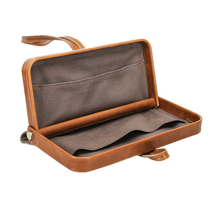 Leather Wristlet Wallet Women Clutch Metal Frame Phone Holder Purse opened view showcasing interior pockets.