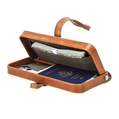 Leather Wristlet Wallet Women Clutch Metal Frame Phone Holder Purse open showcasing a passport and cash inside.