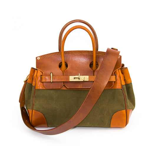 Leather Canvas Crossbody Bag with brown leather and green canvas, featuring a detachable shoulder strap.