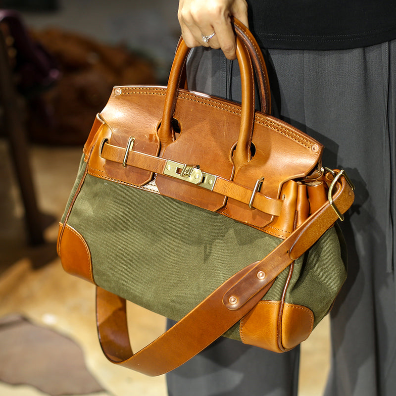 Leather Canvas Crossbody Bag with brown leather handles and green canvas body, perfect for stylish women.