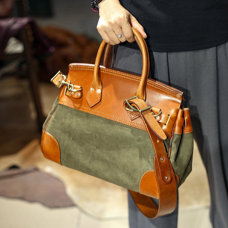 Leather Canvas Crossbody Bag showcasing stylish combination of leather and canvas materials in an elegant design.