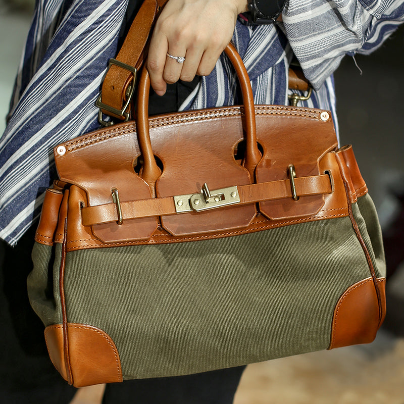 Leather Canvas Crossbody Bag featuring brown leather handles and olive green canvas body, perfect for women.