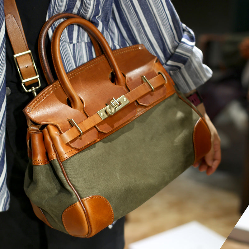 Leather Canvas Crossbody Bag with brown leather accent, stylish and functional handbag, perfect for women, dimensions 13.4in.