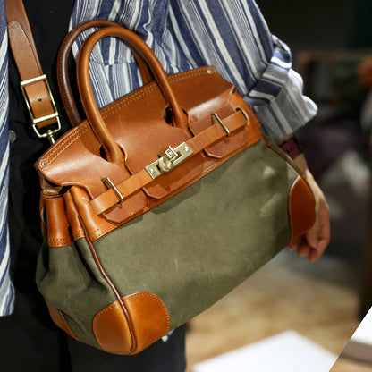 Leather Canvas Crossbody Bag with brown leather accent, stylish and functional handbag, perfect for women, dimensions 13.4in.