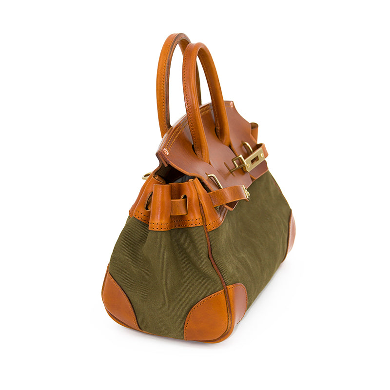 Leather Canvas Crossbody Bag showcasing a stylish design with brown leather straps and olive green canvas.