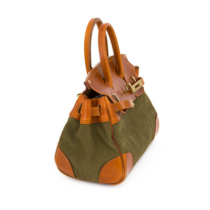 Leather Canvas Crossbody Bag showcasing a stylish design with brown leather straps and olive green canvas.