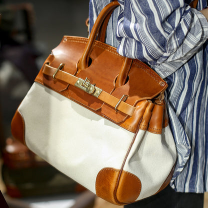Leather Canvas Crossbody Bag with stylish brown leather accents, perfect for women on the go.
