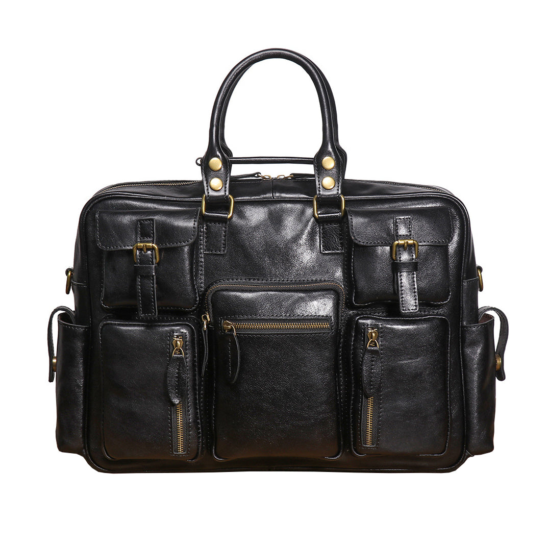 Vintage|Tannery Craft, Genuine Leather Men's Briefcase, Crazy Horse Leather Crossbody Laptop Bag, Large Capacity Cowhide Travel Bag, 17.7 in Length Black