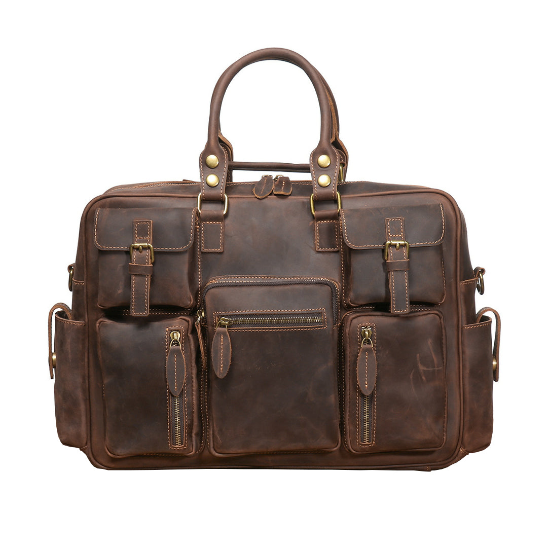 Vintage|Tannery Craft, Genuine Leather Men's Briefcase, Crazy Horse Leather Crossbody Laptop Bag, Large Capacity Cowhide Travel Bag, 17.7 in Length Dark Brown