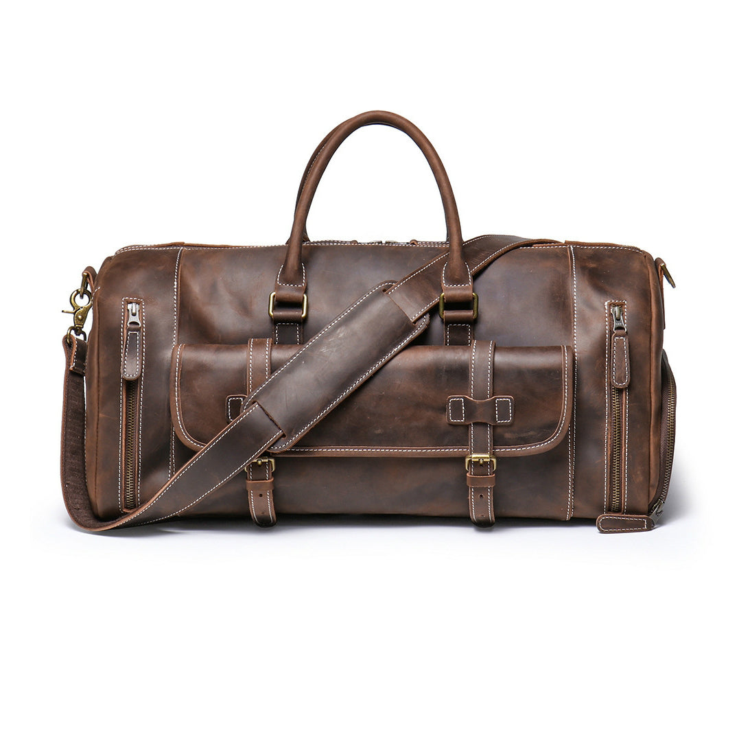 Vintage|Tannery Craft, Men's Large Genuine Leather Travel Bag, Shoe-Compatible Duffle Bag, 20.5 in Length Dark Brown