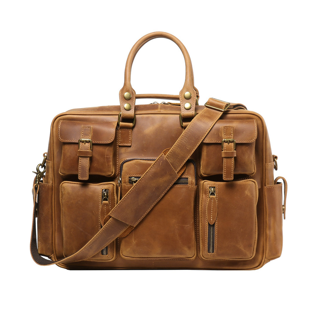 Vintage|Tannery Craft, Genuine Leather Men's Briefcase, Crazy Horse Leather Crossbody Laptop Bag, Large Capacity Cowhide Travel Bag, 17.7 in Length