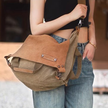 Soft leather canvas weekend bag for women, featuring a distressed washed top-grain leather design in a casual look.