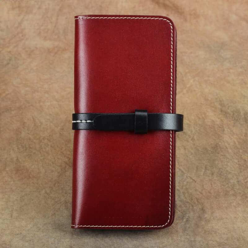 Handmade Full Grain Leather Long Wallet Card Slots Clutch 7.9in in red color with black strap