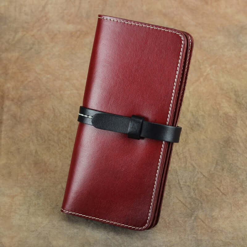 Handmade Full Grain Leather Long Wallet Card Slots Clutch 7.9in