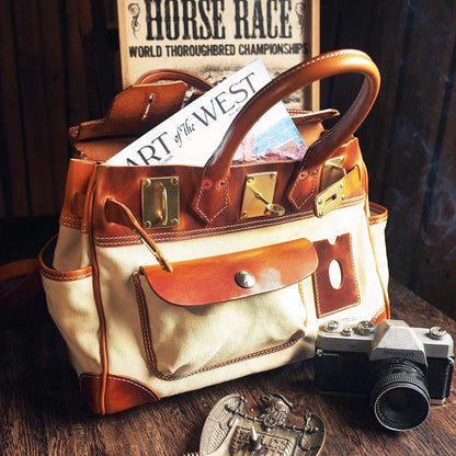 Canvas Tote Italian Leather Handmade Travel Bag Daily Work Bag 15in