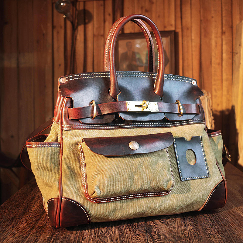 Canvas Tote Italian Leather Handmade Travel Bag Daily Work Bag 15in