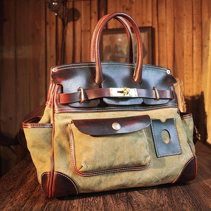 Canvas Tote Italian Leather Handmade Travel Bag Daily Work Bag 15in