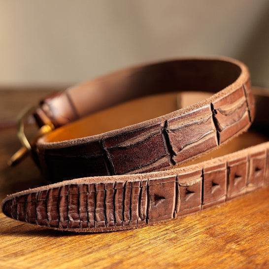 Men's Handmade Distressed Crocodile-Embossed Leather Belt