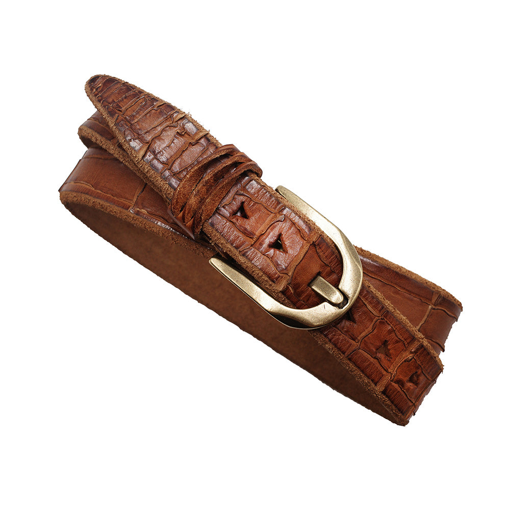 Men's Handmade Distressed Crocodile-Embossed Leather Belt
